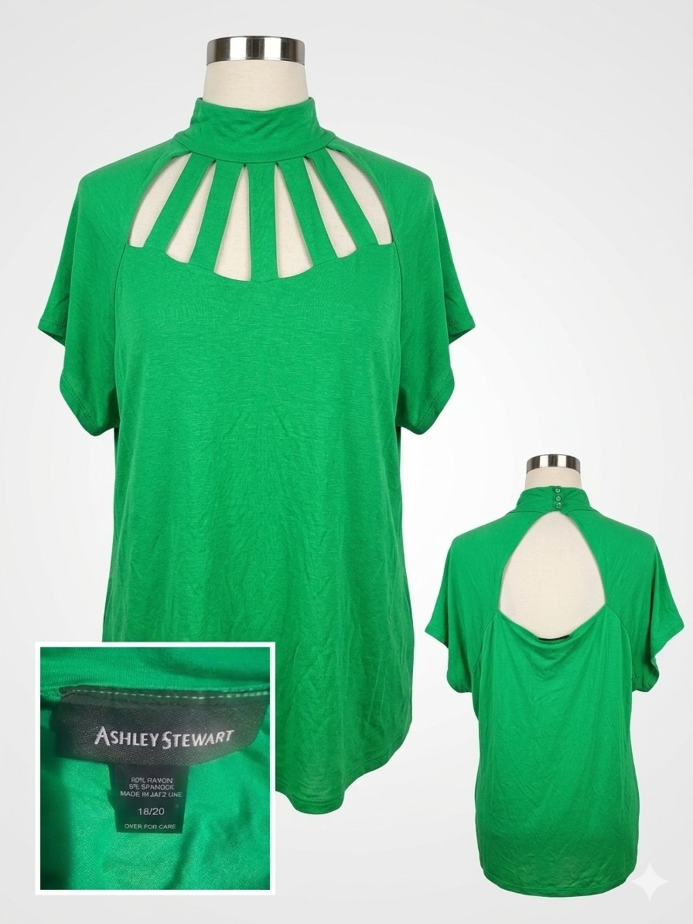 Ashley Stewart Green Mock Neck Cutout Short Sleeve Top